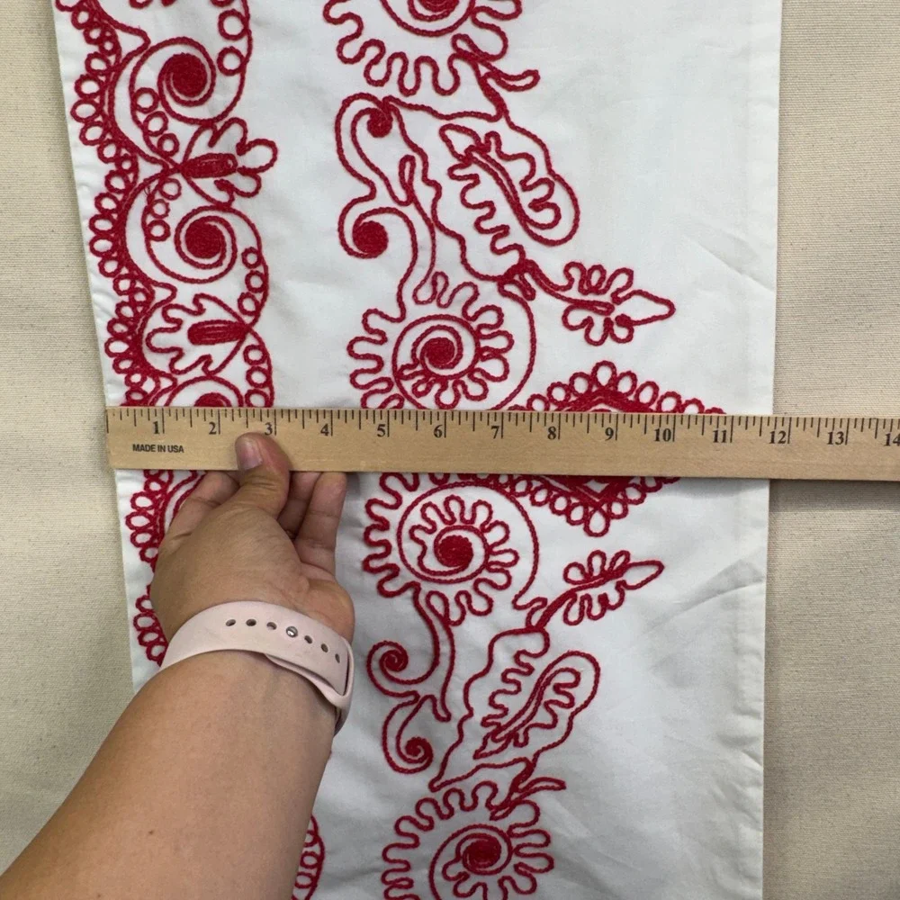 Pottery Barn Lumbar Pillow Cover 12x24 White Red Embroidered Boho Scroll Cotton